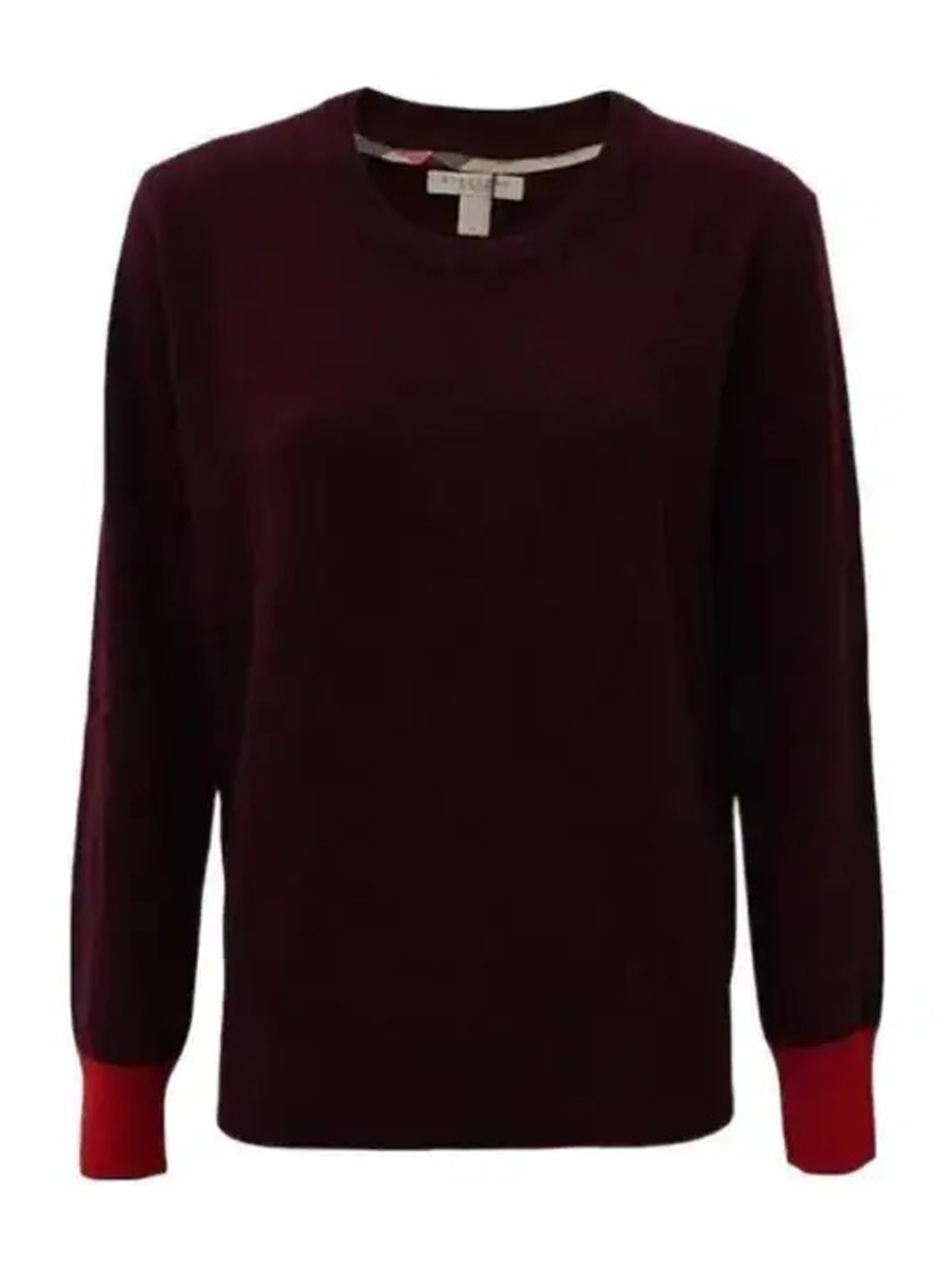 Burberry Brit Burgundy 100% Cashmere Sweater w/ Red Cuffs & Elbow Patches Size S